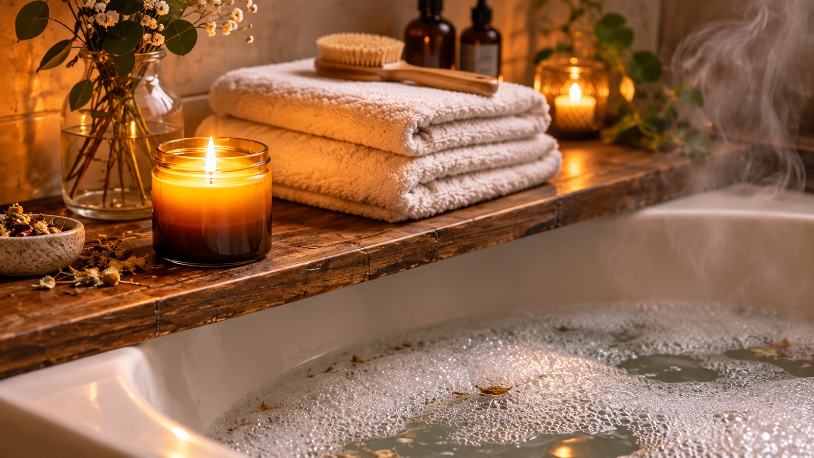 Baño con velas, toallas y aromas