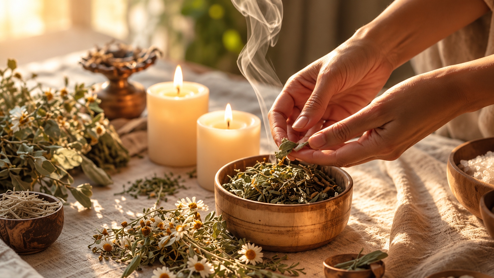 Ritual de limpieza energética con hierbas y velas